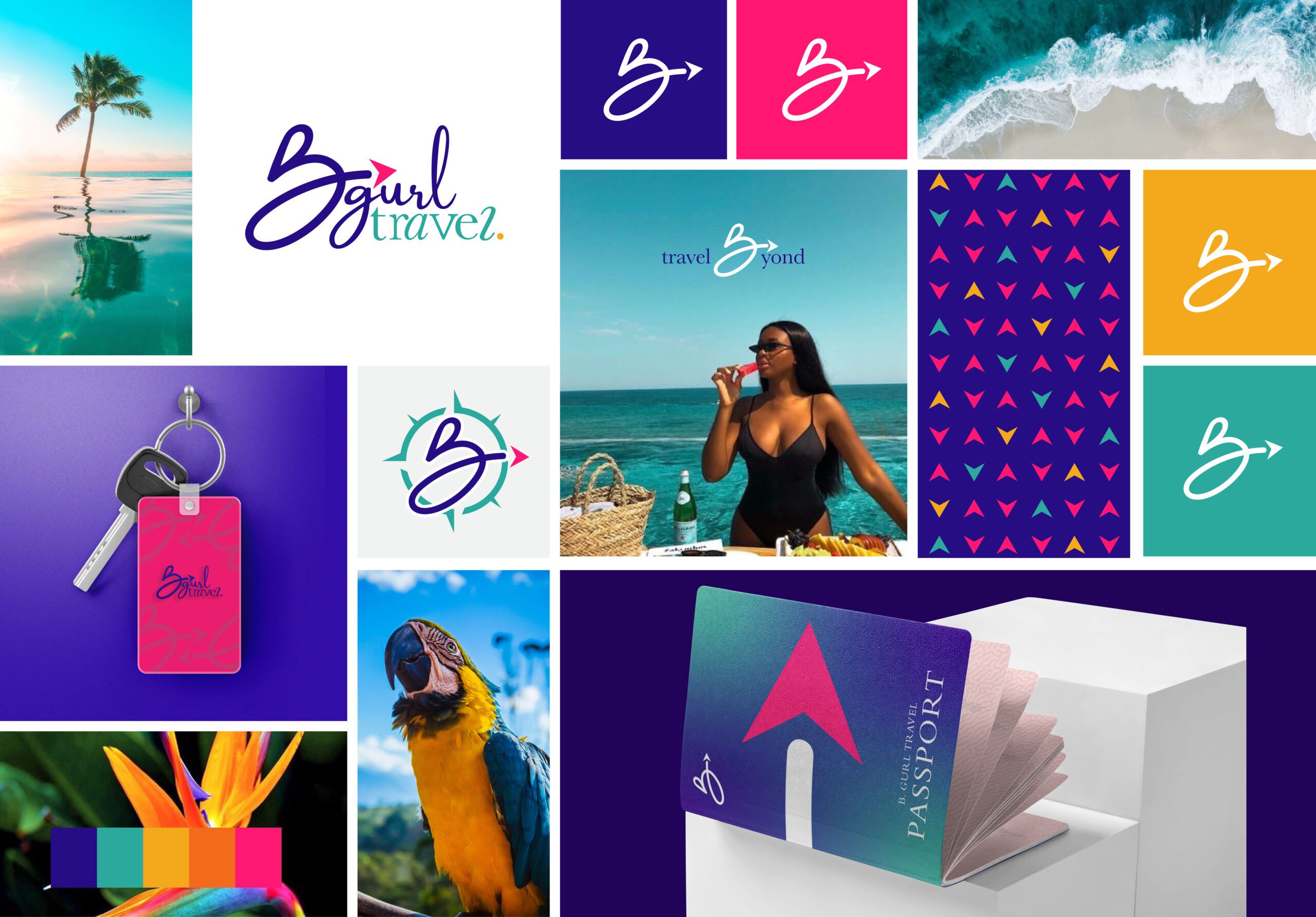 Photo/graphic grid of logo and promotional items.